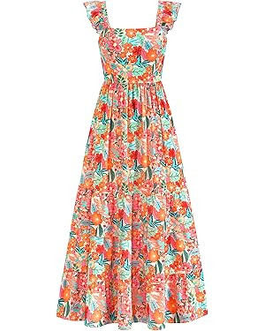 dowerme Summer Dresses for Women 2025 Casual Ruffle Smocked Tiered A-Line Boho Floral Maxi Beach ... | Amazon (US)
