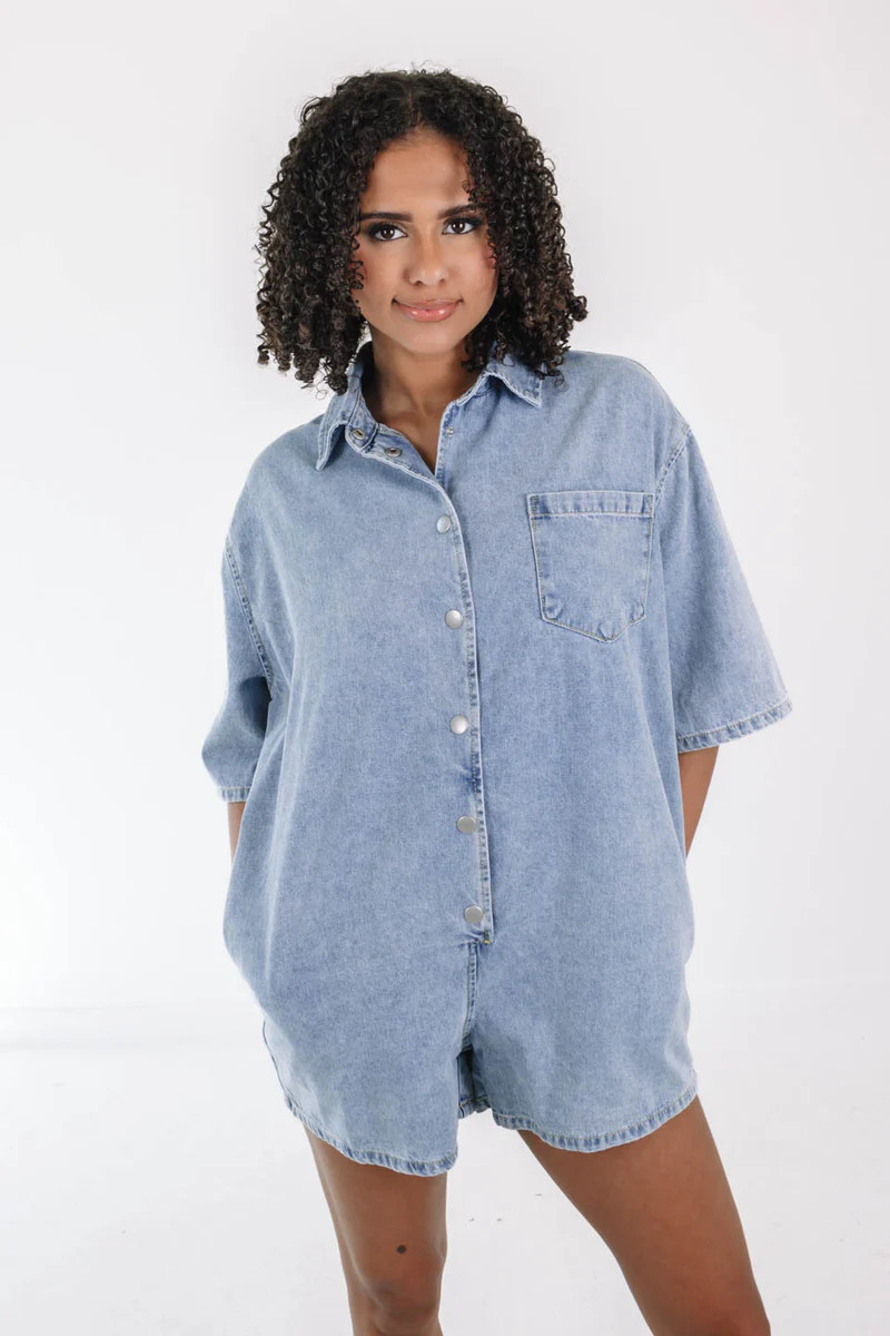 March Madness Denim Romper - Light Denim | The Impeccable Pig