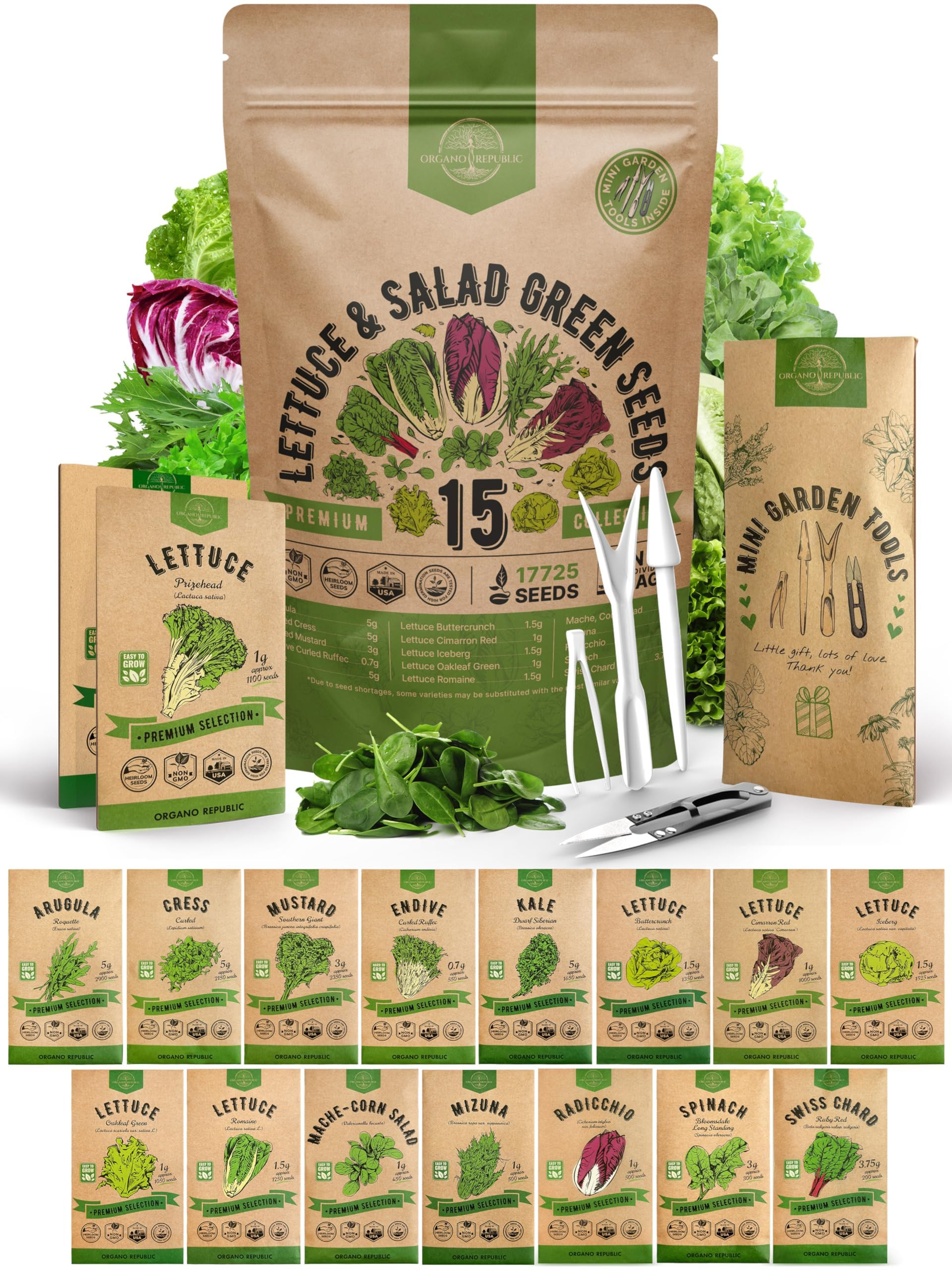 Organo Republic 15 Lettuce & Salad Greens Seeds Variety Pack 17700+ Non-GMO Heirloom Lettuce Seed... | Amazon (US)