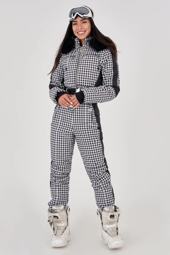 Checkered ski jumpsuit for women Houndstooth print Snow suit black in check pattern Snow suit one... | Etsy (US)