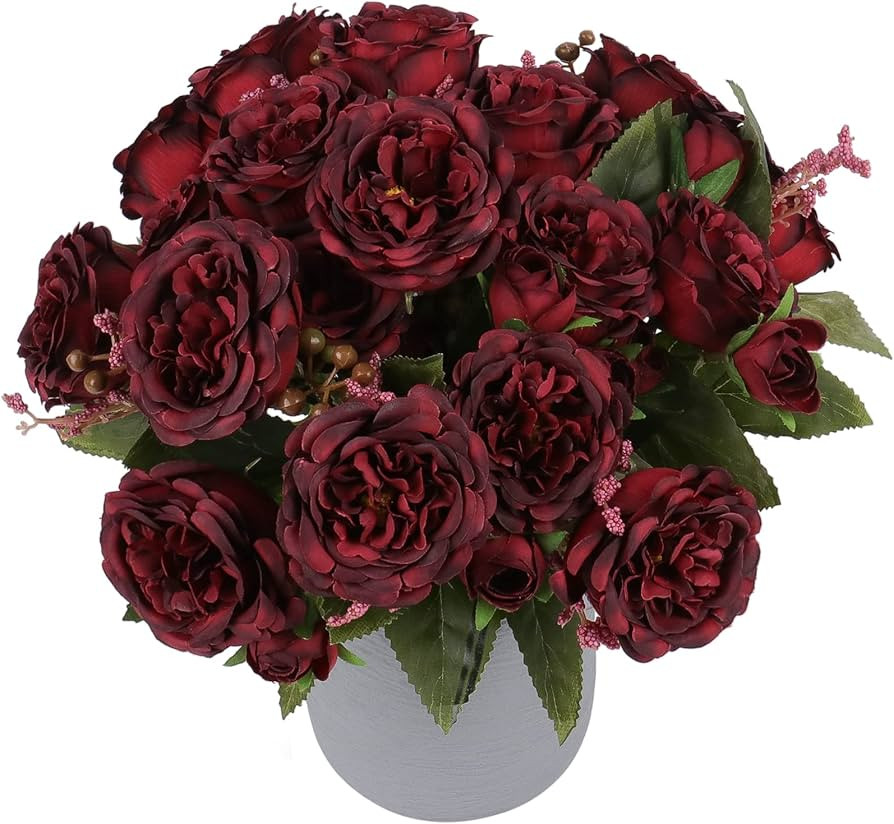 Artificial Peonies Silk Flowers, Burgundy Faux Peony Bouquet 4 Bundles Florals Arrangements for F... | Amazon (US)