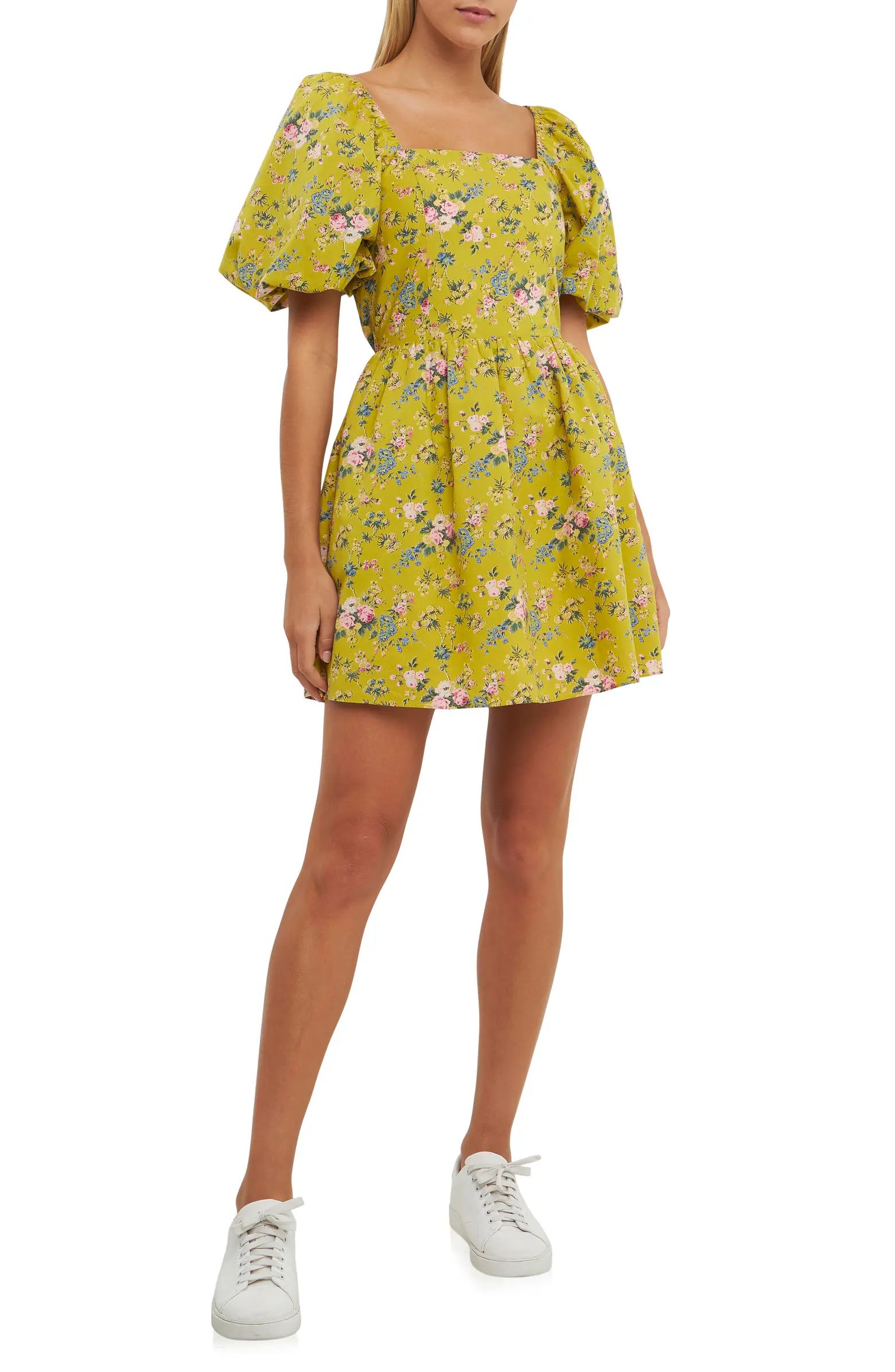English Factory Floral Print Cutout Back Puff Sleeve Minidress | Nordstrom | Nordstrom