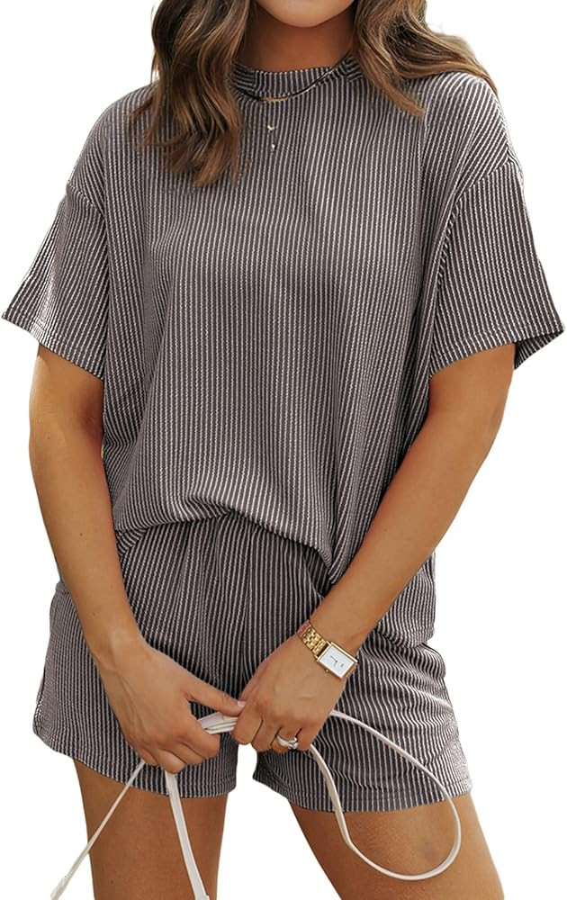 SHEWIN Two Piece Sets for Women Summer Short Sleeve Shirts High Waisted Shorts with Pockets Pajam... | Amazon (US)