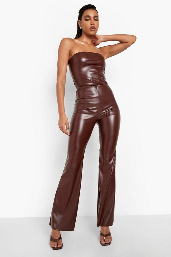Mix & Match Leather Look Flared Trousers | boohoo | Boohoo.com (US & CA)