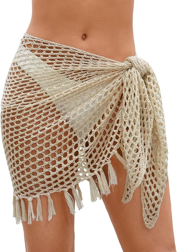 Women's Sarong Crochet Sarong Cover Up Short Bathing Suit Wrap Skirt with Tassels | Amazon (US)