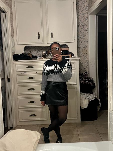 Christmas outfit: Fair aisle sweater, black faux leather mini skirt, black loafers 

#LTKstyletip #LTKshoecrush #LTKHoliday