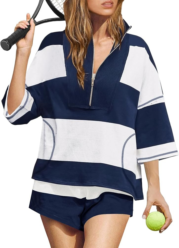 Women’s Striped 2 Piece Workout Set Casual Oversized Half Zip Top and Shorts Sets Retro Rugby O... | Amazon (US)