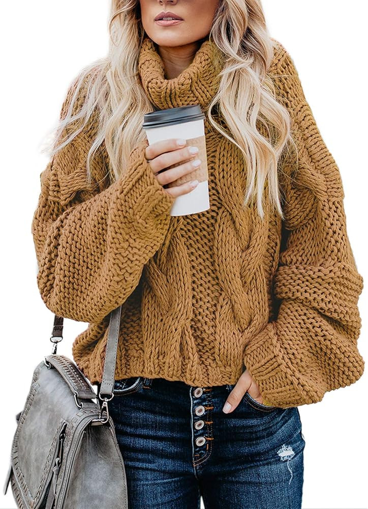 Dokotoo Womens 2022 Winter Fall Solid Turtleneck High Neck Balloon Long Sleeve Sweaters Pullover Out | Amazon (US)