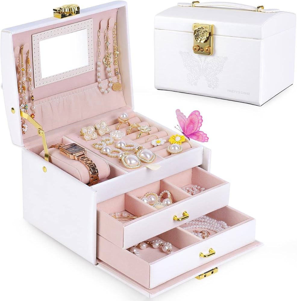 Pretty Comy Jewelry Box for Girls Women, Girls jewelry box 3 Layer with PU Leather, Travel Jewelr... | Amazon (US)