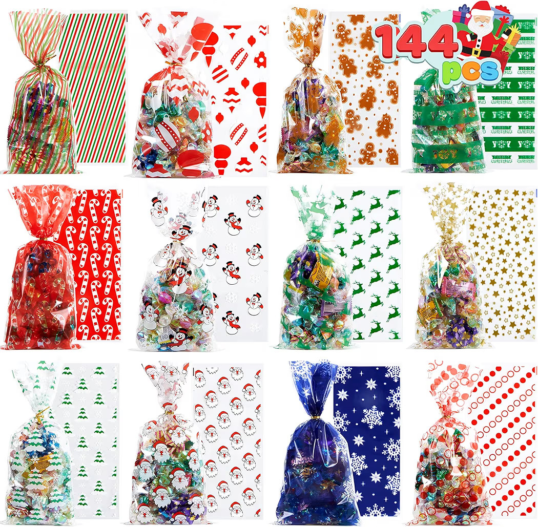 JOYIN 144 PCS Christmas Cellophane Bags with Ribbon for Holiday Treats, Christmas Clear Cello Gif... | Amazon (US)