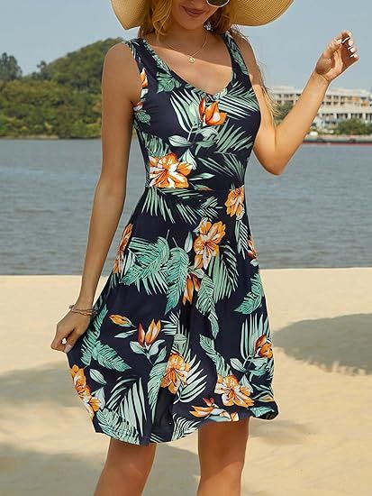 HUHOT Womens Sleeveless V Neck Dress with Pocket Summer Beach Midi Flared Tank Dress | Amazon (US)