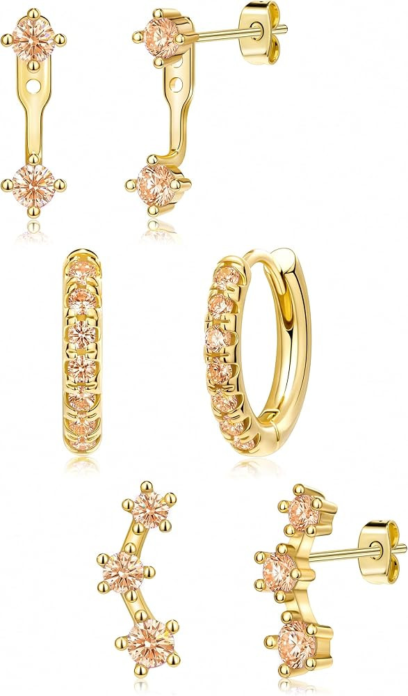 3 Pairs Dainty Small Earrings Set for Women Trendy, Birthstone Stud Huggie Hoop Jacket Stack for ... | Amazon (US)