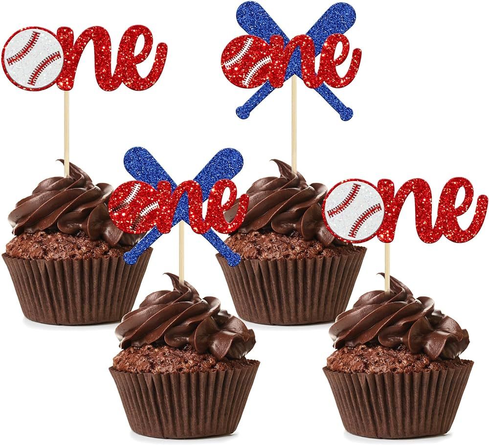 24Pcs Baseball 1st Birthday Cupcake Toppers Glitter First Birthday Baseball One Cupcake Picks Dec... | Amazon (US)