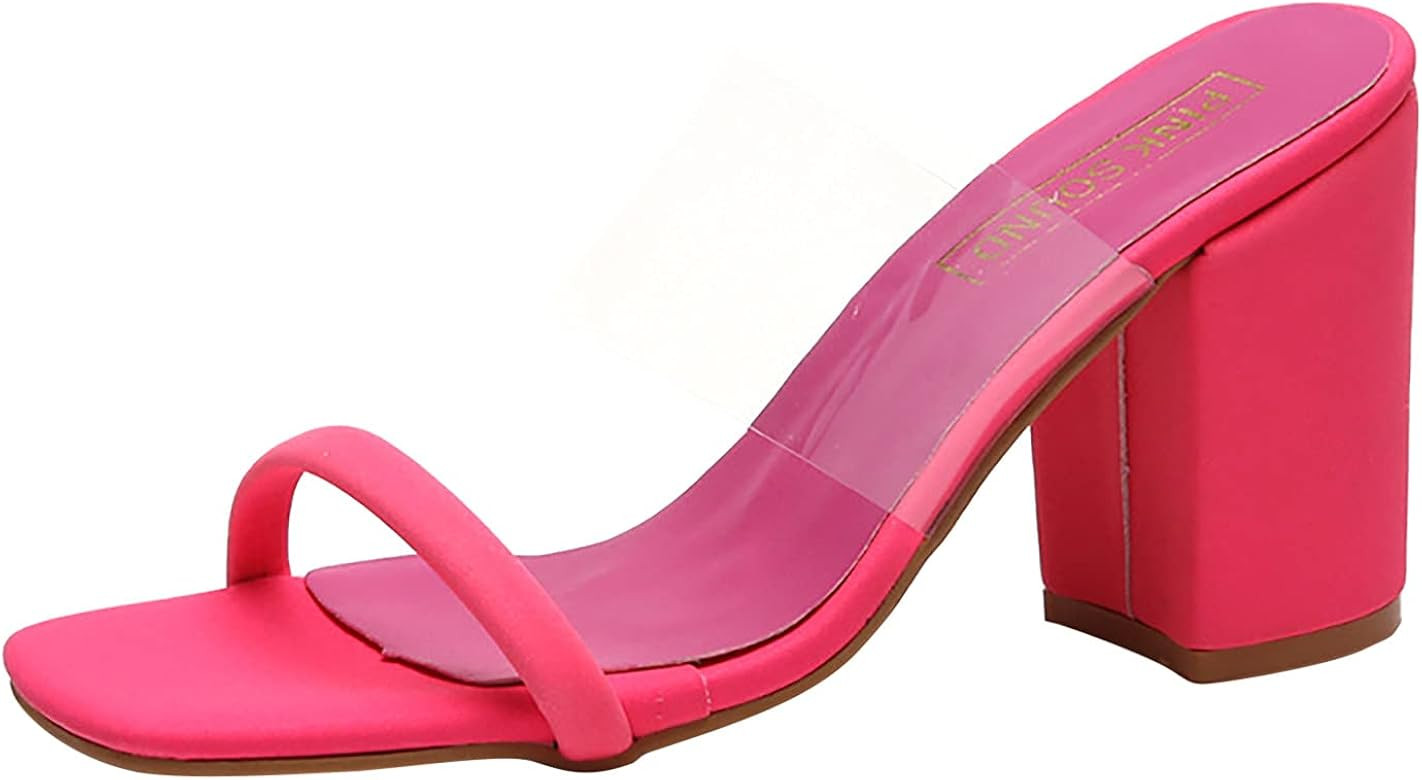 FAMOORE Women's Fashion Casual Open Toe Square Heel Chunky Slippers Slides Sandals Shoes | Amazon (US)