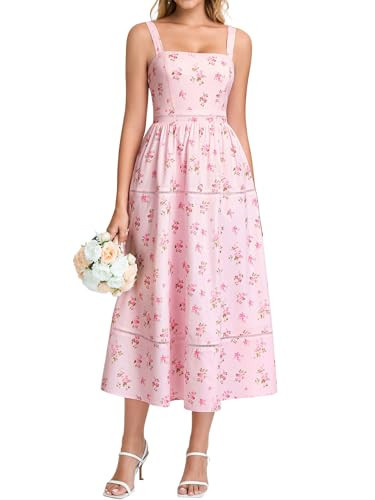 KUTUMAI Floral Corset Midi Dress Flowy Summer Tea Party Wedding Guest Dresses for Women 2026 PinkFloral M | Amazon (US)