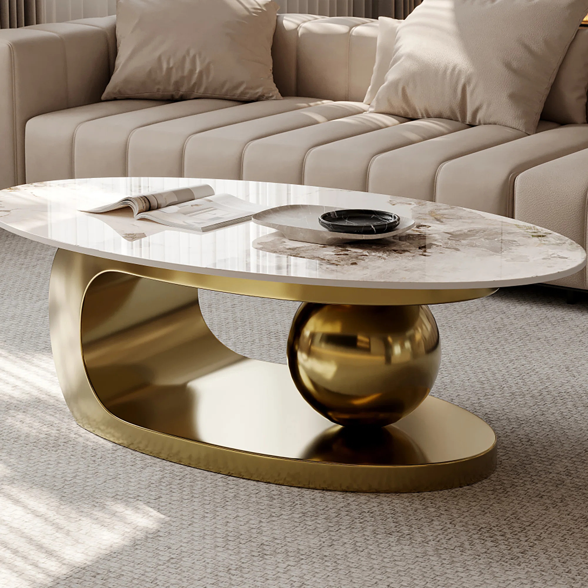 Luxury Oval Sintered Stone Coffee Table, 51.2" L x 27.5" W Marble Effect Tabletop with Polished G... | Wayfair North America