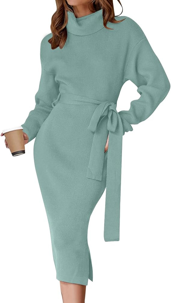 ZESICA Women's Turtleneck Sweater Midi Dress Long Sleeve Ribbed Knit Bodycon Slit Dress with Belt | Amazon (US)