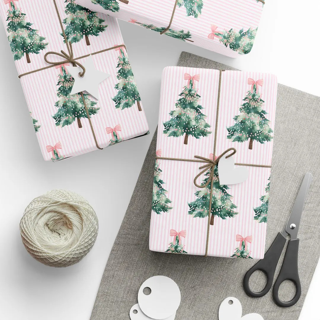 Pink Bow Christmas Tree Gift Wrap Paper, Coquette Christmas Wrapping Paper for Girls, Cute Holida... | Etsy (US)