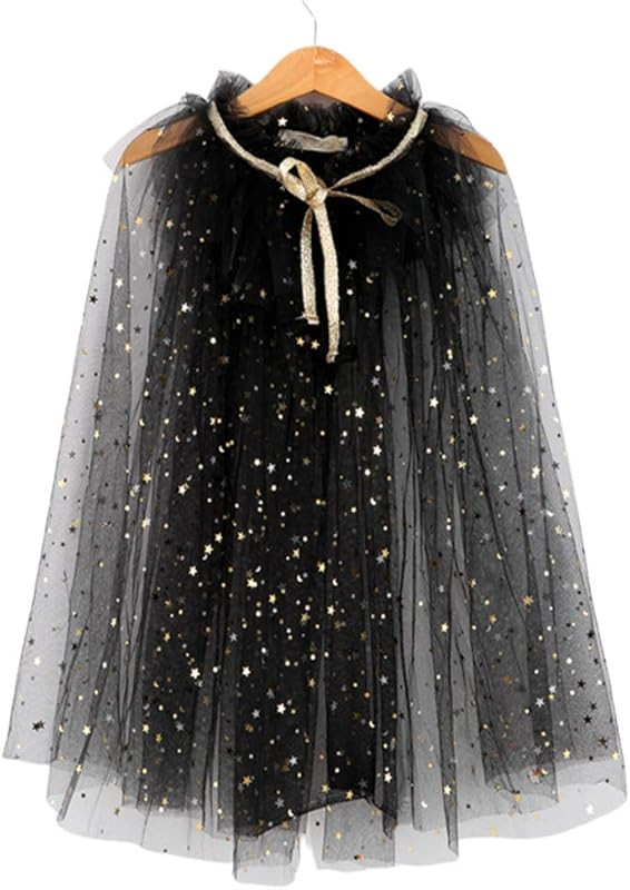 Linxueyi Kids Girl Fairy Cape Princess Candy Color Glitter Star Sequins Cloak Tulle Shawl-Black | Amazon (US)