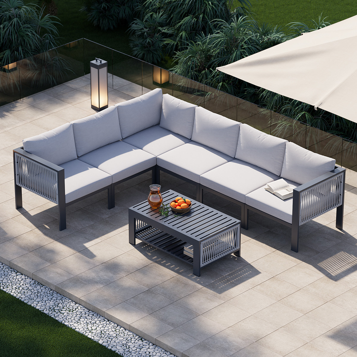 7 PCS Modern Modular L-Shaped Patio Outdoor Sectional Sofa Set with Coffee Table in Light Gray for 6, Aluminum Frame Outdoor Sectional Sofa Set | Homary