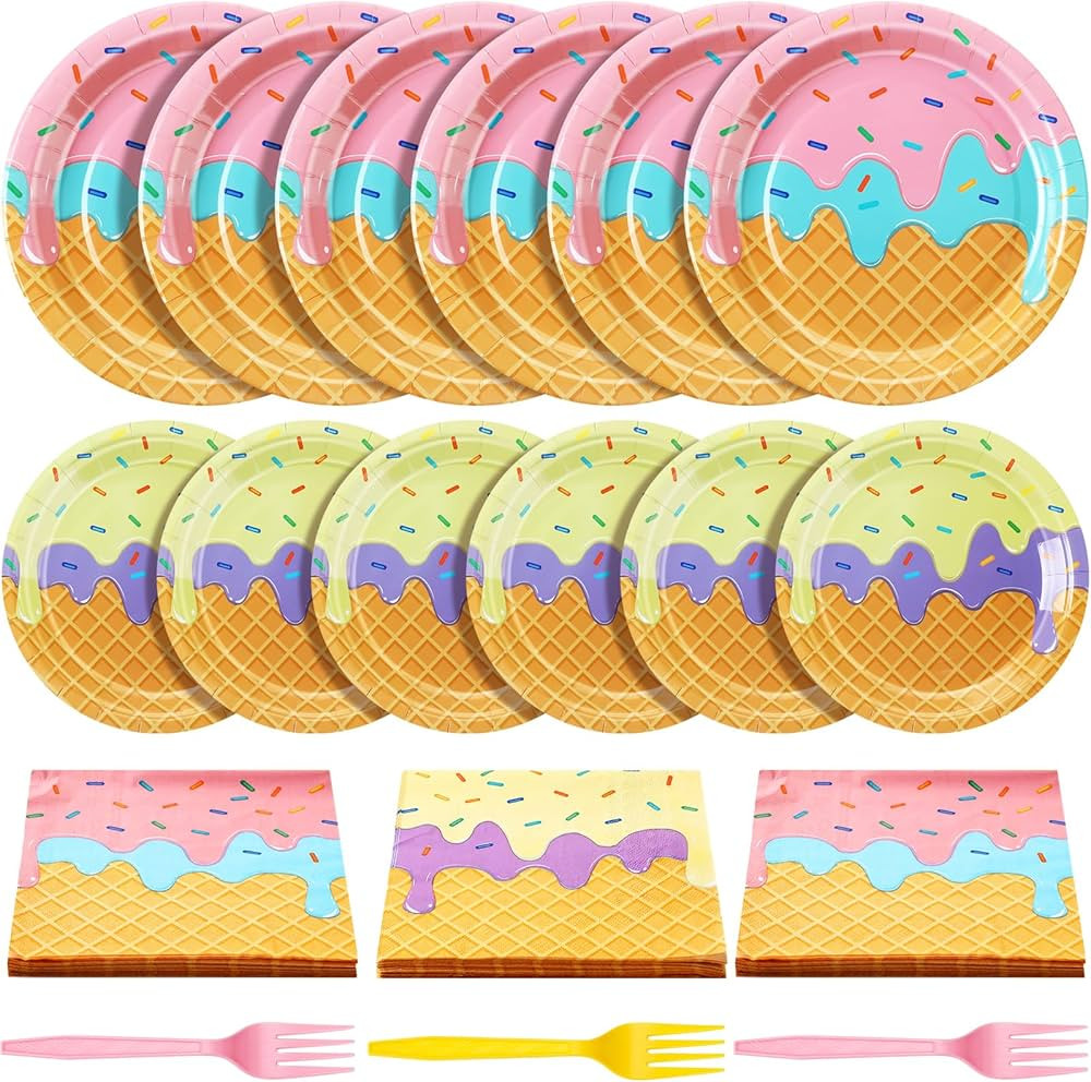 Layhit 160 Pcs Ice Cream Party Decorations Ice Cream Birthday Party Plates and Napkins Forks Disp... | Amazon (US)