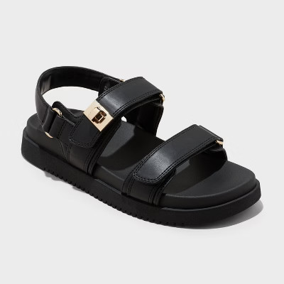 Women's Jonie Footbed Sandals - A New Day™ Black 7.5: Faux Leather, Hook and Loop Closure, Open Round Toe, Textured Outsole | Target