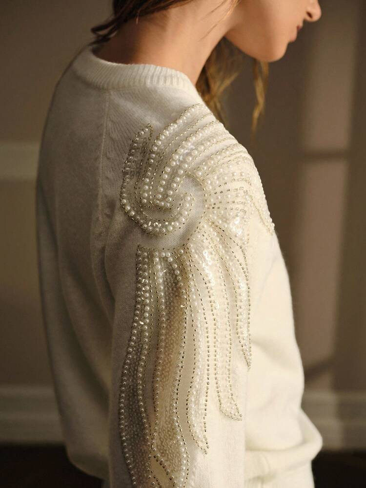 MOTF PREMIUM FAUX PEARL DETAIL PULLOVERS SWEATER | SHEIN