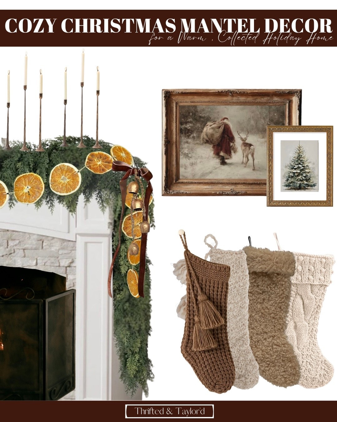 This year’s mantel is all about warmth, texture, and those little nostalgic touches that make Christmas feel magical. I pulled together a fluffy evergreen garland, dried oranges for a cozy old-world touch, brass candlestick holders and candles for that soft glow, and the sweetest mix of knit and textured stockings.
If you're wanting a mantel that feels calm, collected, and full of charm, everything you need to recreate this look is linked below — from the greenery to the artwork and those cozy stockings.

#LTKSeasonal #LTKHoliday #LTKHome