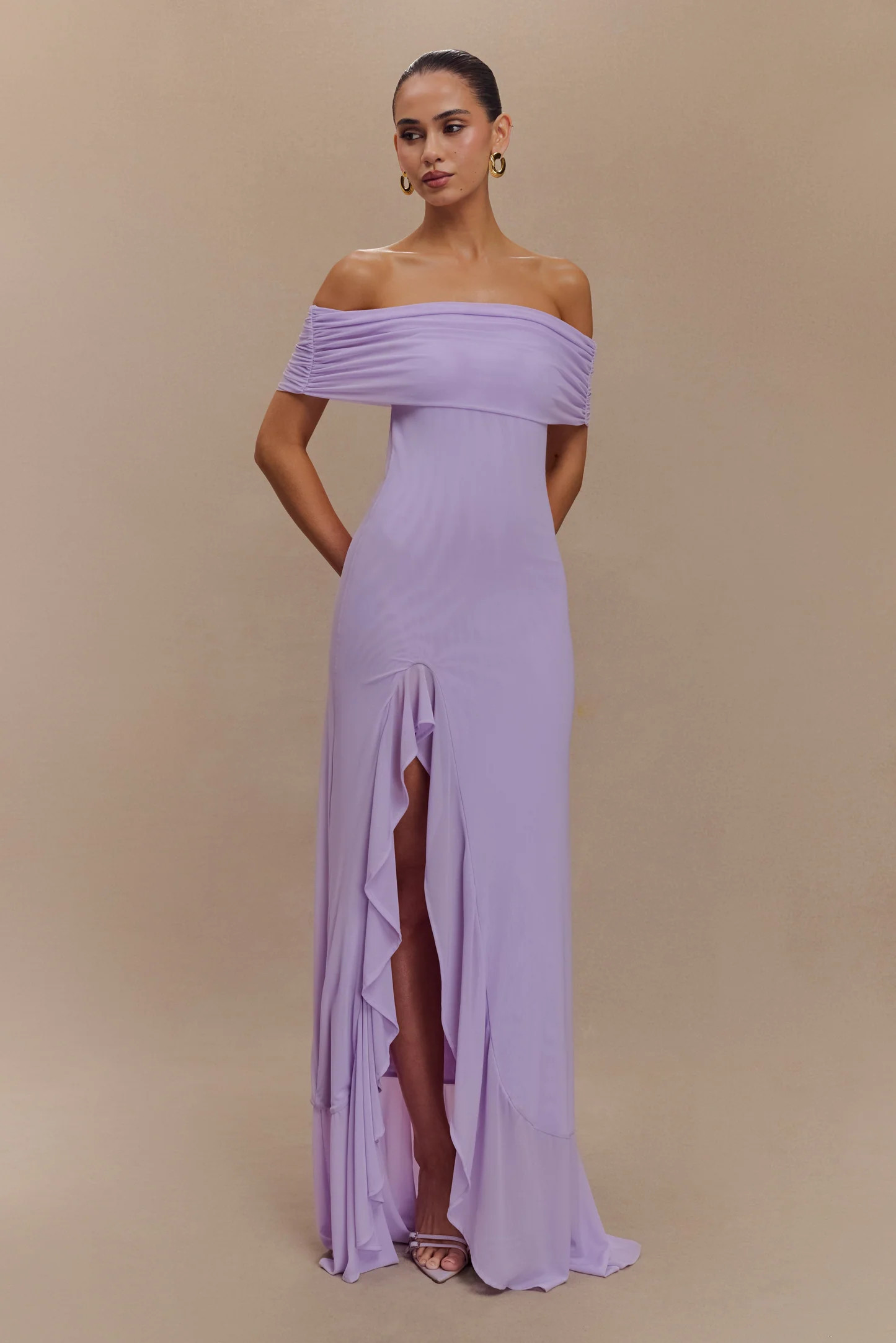 Audrey Off Shoulder Mesh Maxi Dress - Lilac | Meshki UK