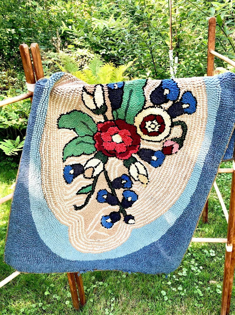 Vintage Floral Hand Hooked Rug 44" X 28" / Hooked Floor Mat Or, Wall Hanging / Primitive Country ... | Etsy (US)