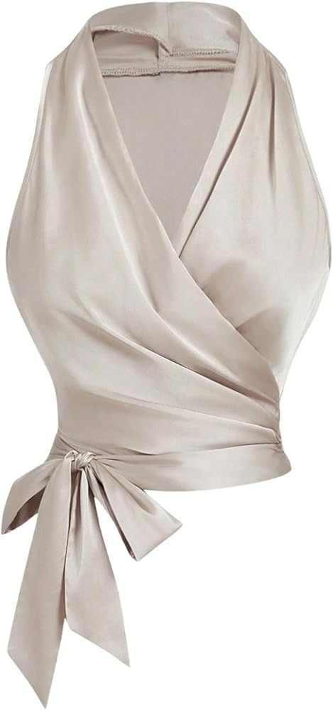 SHENHE Women's Satin Wrap Ruched Tie Side Tank Top Deep V Neck Sleeveless Elegant Blouse | Amazon (US)