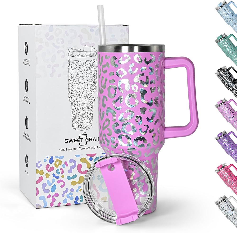 sweet grain 40 oz Tumbler with Handle Leopard, Stainless Steel Lavender Rose Leopard Print Tumble... | Amazon (US)