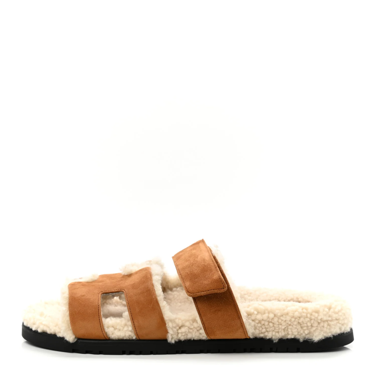 HERMES Suede Goatskin Woolskin Womens Chypre Sandals 39 Brun Fume Ecru | FASHIONPHILE (US)