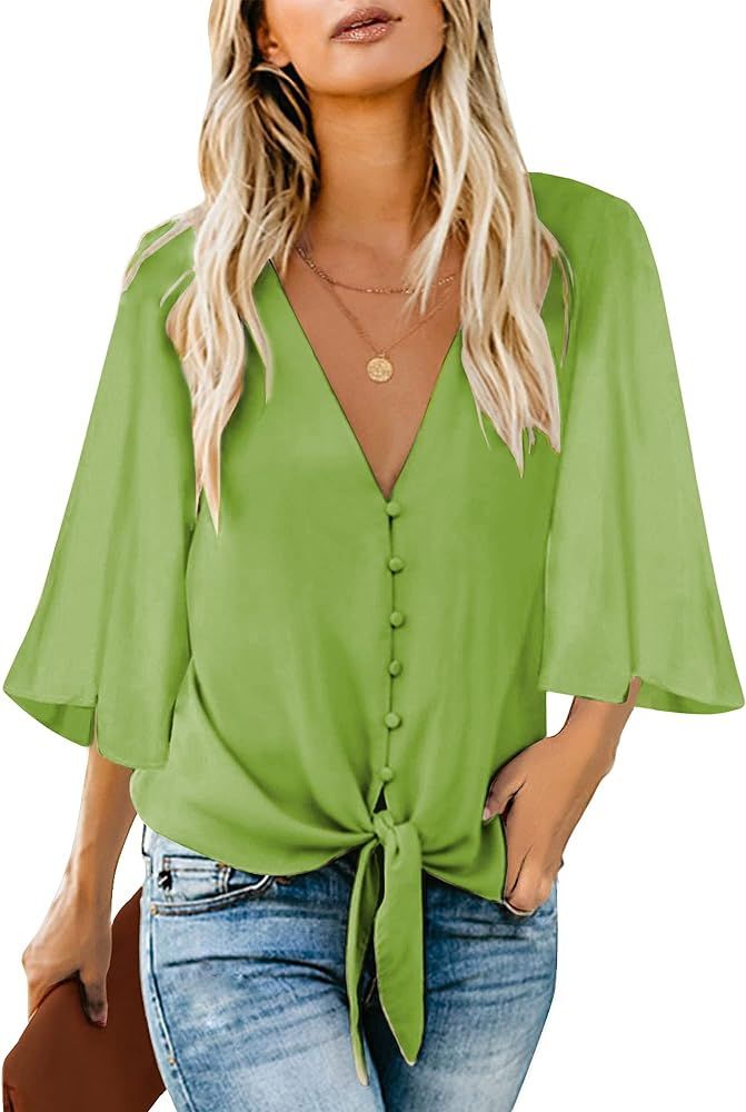 luvamia Women's Casual V Neck Tops 3/4 Sleeve Tie Knot Blouses Solid Button Down Shirts | Amazon (US)