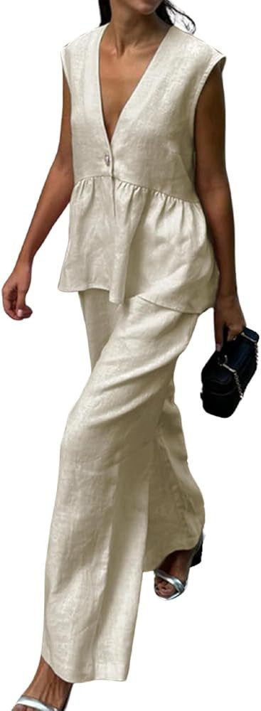 Womens Two Piece Set Sleeveless V Neck Peplum Vest Wide Leg Pant Suits Dressy Casual Summer Vacat... | Amazon (US)
