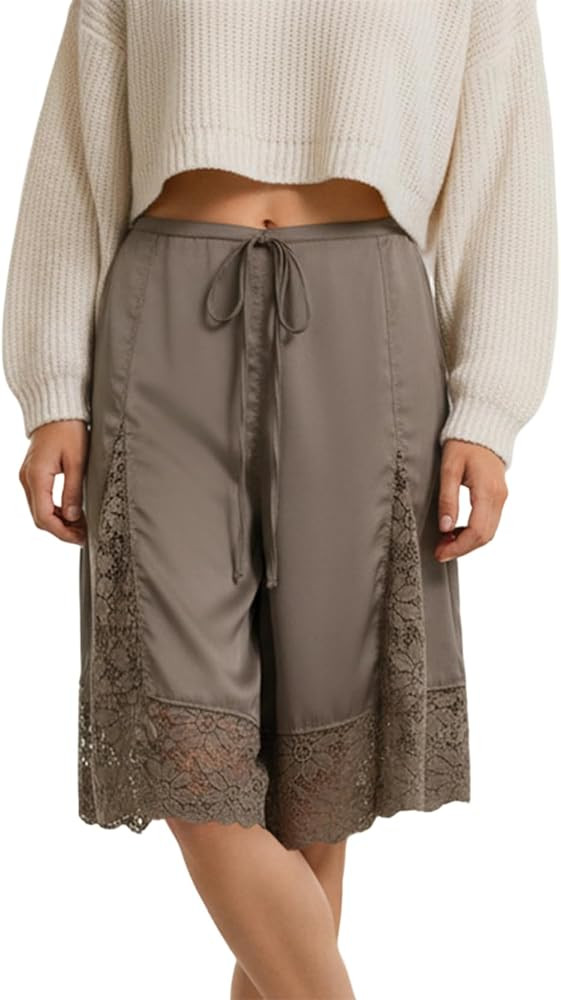 Women Y2k Lace Satin Shorts Casual Elastic Waist Lace Patchwork Loose Fit Lounge Shorts Summer Cu... | Amazon (US)