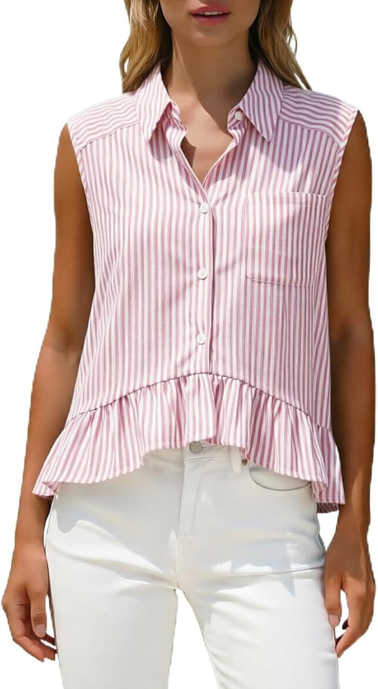 Womens Summer Tops Sleeveless Button Down Striped Shirt Cropped Ruffle Peplum Top Dressy Casual B... | Amazon (US)