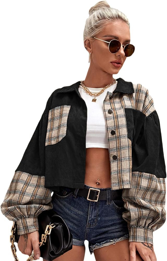 Verdusa Women's Puff Long Sleeve Pocket Front Plaid Casual Tartan Outerwear Corduroy Jacket | Amazon (US)