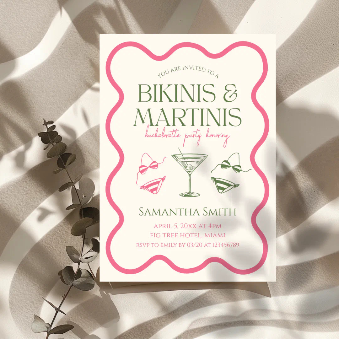 Bikinis & Martinis Bachelorette Party Hand Drawn Invitation | Zazzle | Zazzle