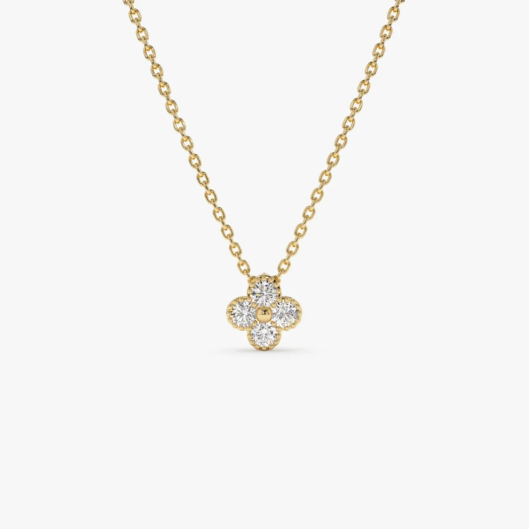 Diamond Clover Necklace, 14K Solid Gold 0.15 Ctw Diamond Clover Pendant, Dainty Luxury Floral Nec... | Etsy (US)