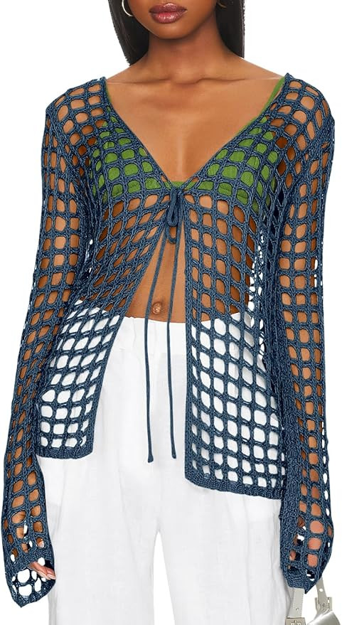 Saodimallsu Womens Long Sleeve Swimsuit Coverup Crochet Hollow Out Tie Front Swim Cover Up Knit C... | Amazon (US)