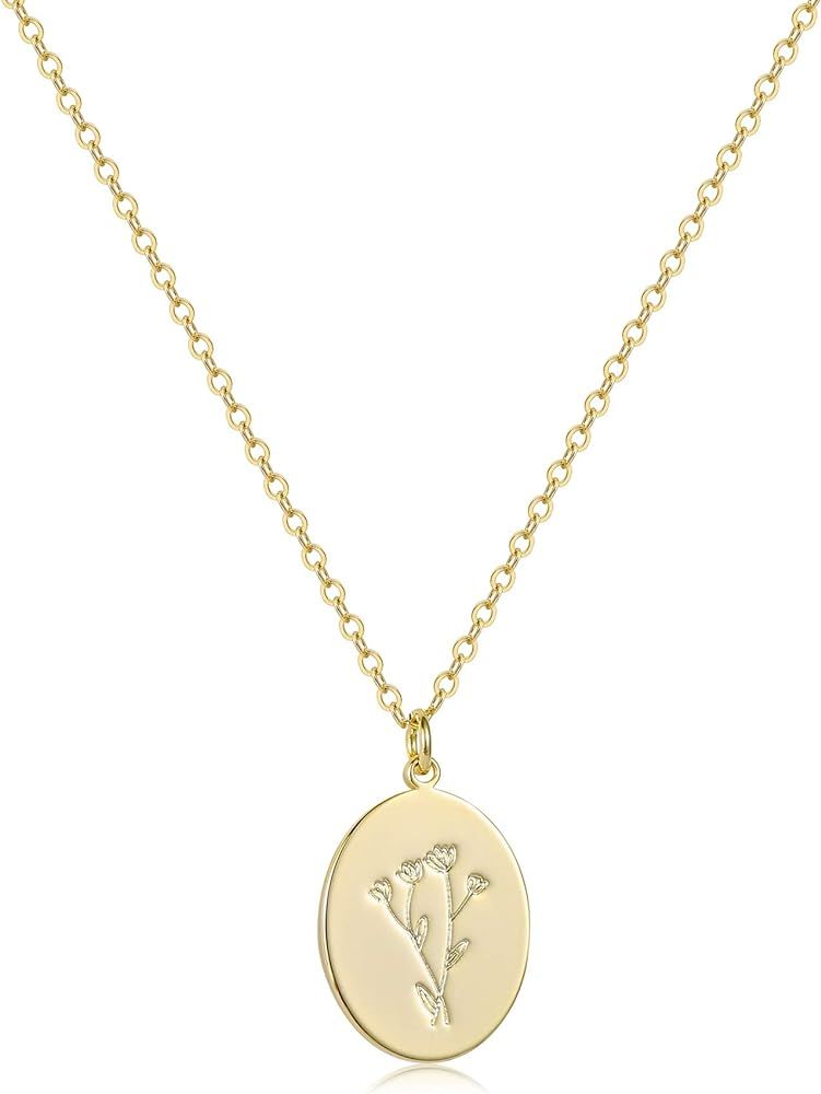 Oval Coin Pendant Necklace 12 Month Birth Flower Disc Necklace 14K Gold Plated Dainty Personalize... | Amazon (US)
