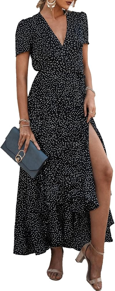 PRETTYGARDEN Women's Summer Maxi Dress Casual Wrap Floral Boho Short Sleeve V Neck Split Ruffle B... | Amazon (US)