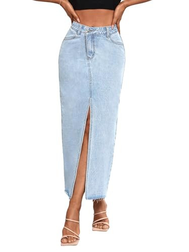 Women's High Waist Stretch Maxi Denim Skirt Front Split Frayed Raw Hem A line Casual Long Jean Skirt (US, Alpha, XX-Small, Regular, Regular, 9009Light) | Amazon (US)