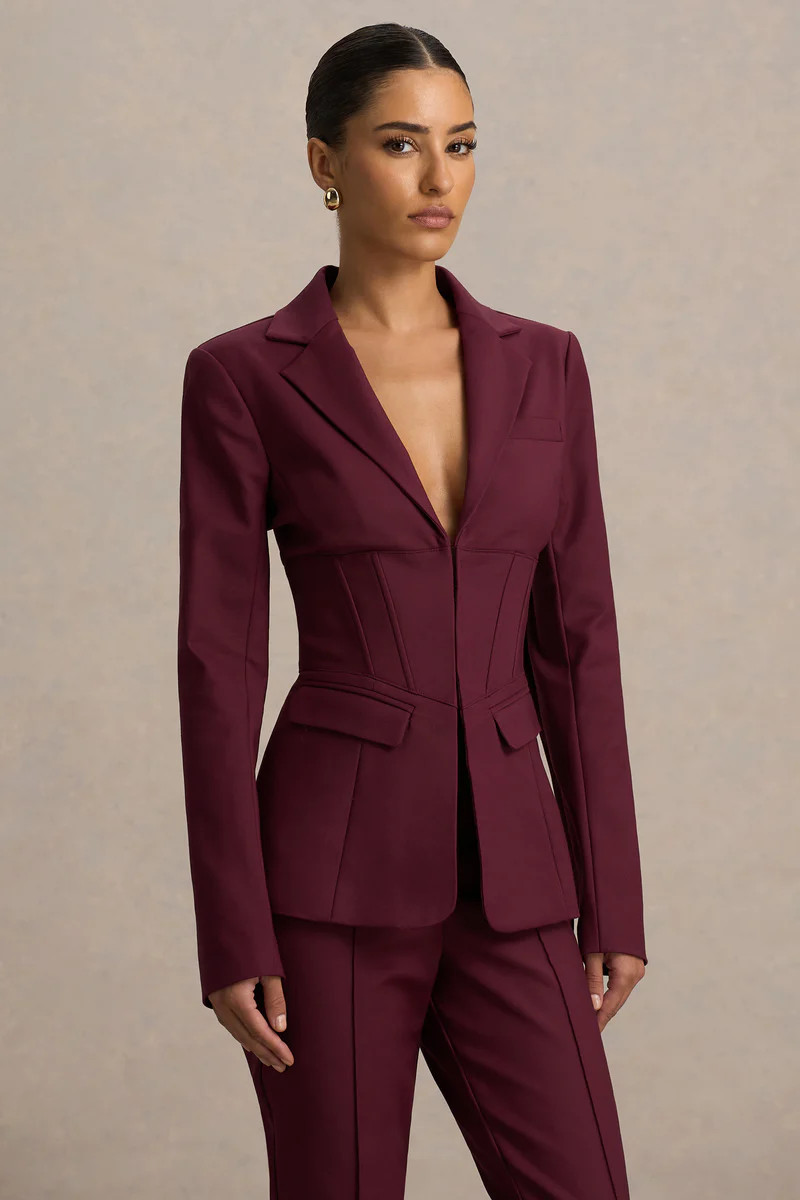 Unbeaten  Burgundy Fitted Corset Blazer Jacket | Club L London