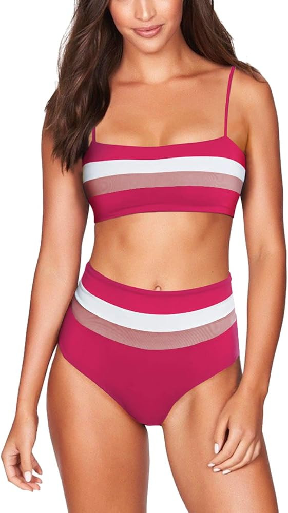 COCOLEGGINGS Women's Removable Strap Wrap Striped High Waist Bikini Set Swimsuit | Amazon (US)