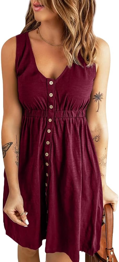 BLENCOT Women's Casual Sleeveless T-Shirt Dresses Summer V Neck Button Down Swing Short Dress | Amazon (CA)