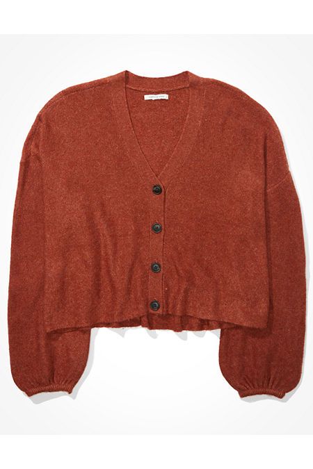 AE Cropped Balloon Sleeve Cardigan Women's Rust XS | American Eagle Outfitters (US & CA)