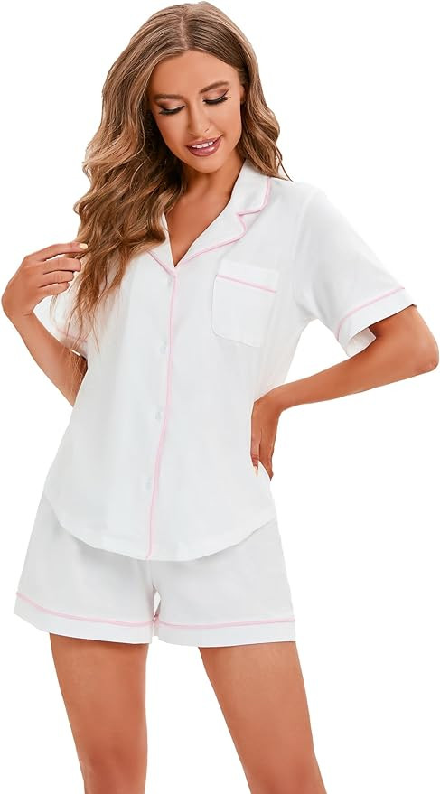 LUBOT 100% Cotton Pajamas for Women 2 Piece PJ Set Button-Down Soft Knit Short Sleeve Summer Slee... | Amazon (US)