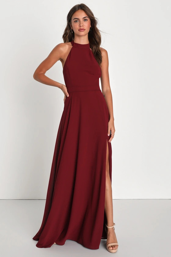 Confidently Charismatic Burgundy Backless Halter Maxi Dress | Lulus (US)